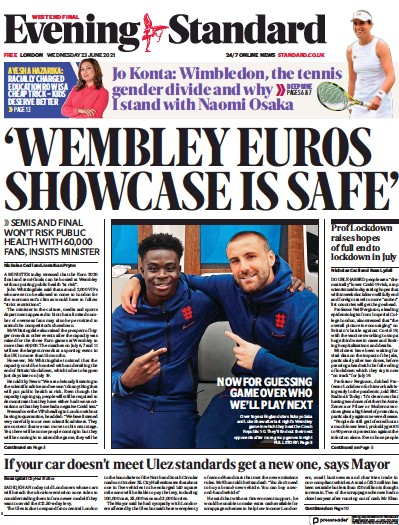 London Evening Standard Newspaper Front Page (UK) for 24 June 2021