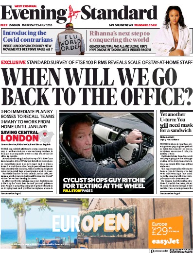 London Evening Standard Newspaper Front Page (UK) for 24 July 2020