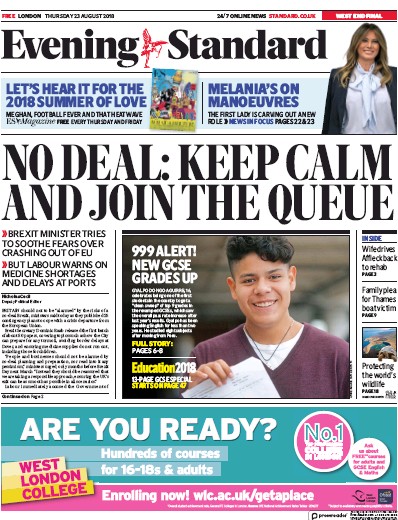 London Evening Standard Newspaper Front Page (UK) for 24 August 2018