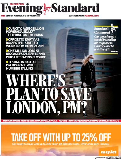 London Evening Standard Newspaper Front Page (UK) for 24 September 2020