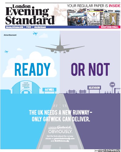 London Evening Standard Newspaper Front Page (UK) for 25 October 2016