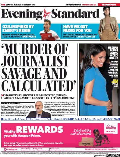 London Evening Standard Newspaper Front Page (UK) for 25 October 2018