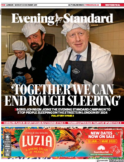 London Evening Standard Newspaper Front Page (UK) for 25 December 2019