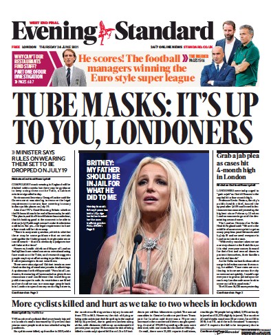 London Evening Standard Newspaper Front Page (UK) for 25 June 2021