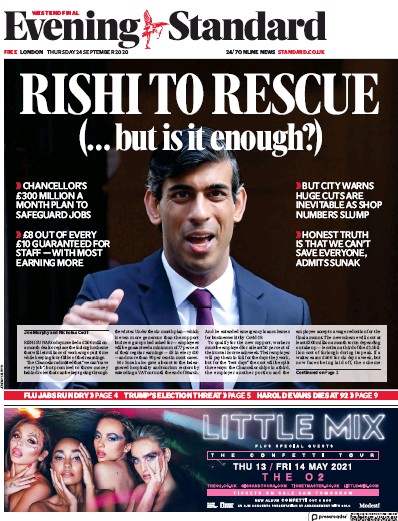 London Evening Standard Newspaper Front Page (UK) for 25 September 2020