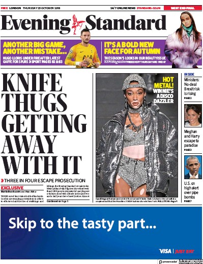 London Evening Standard Newspaper Front Page (UK) for 26 October 2018