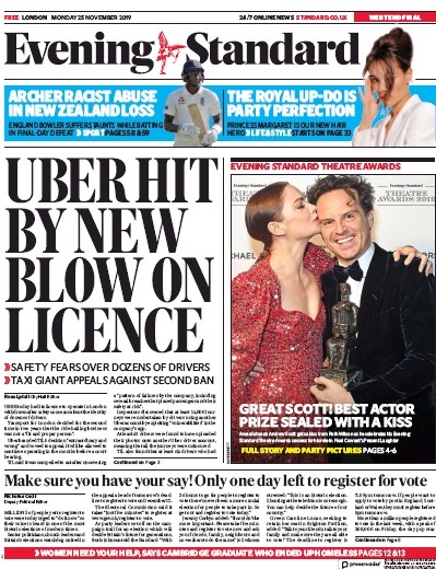 London Evening Standard Newspaper Front Page (UK) for 26 November 2019