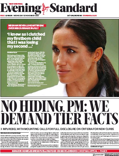 London Evening Standard Newspaper Front Page (UK) for 26 November 2020