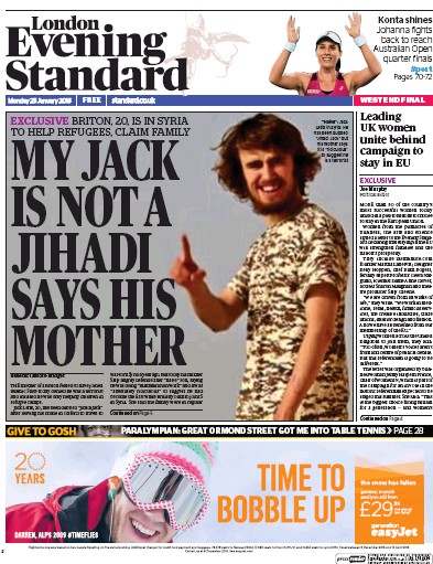 London Evening Standard Newspaper Front Page (UK) for 26 January 2016