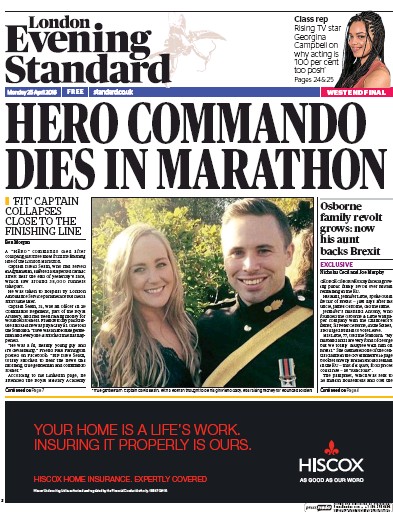 London Evening Standard Newspaper Front Page (UK) for 26 April 2016