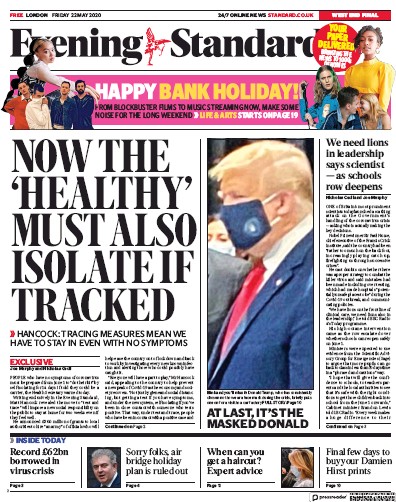 London Evening Standard Newspaper Front Page (UK) for 26 May 2020