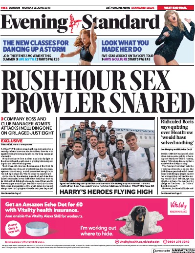 London Evening Standard Newspaper Front Page (UK) for 26 June 2018