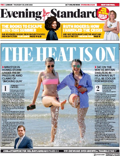 London Evening Standard Newspaper Front Page (UK) for 26 June 2020