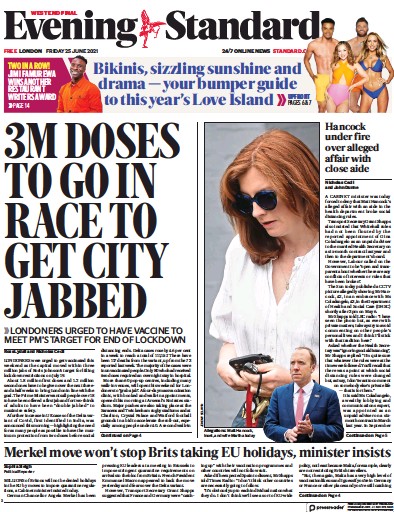 London Evening Standard Newspaper Front Page (UK) for 26 June 2021