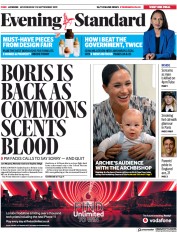 London Evening Standard (UK) Newspaper Front Page for 26 September 2019