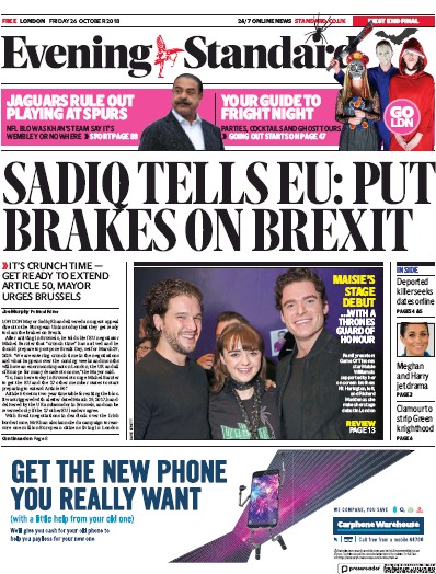 London Evening Standard Newspaper Front Page (UK) for 27 October 2018