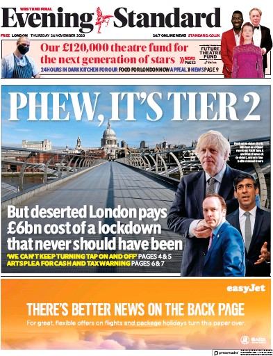 London Evening Standard Newspaper Front Page (UK) for 27 November 2020