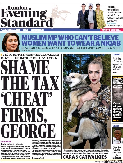 London Evening Standard Newspaper Front Page (UK) for 27 January 2016