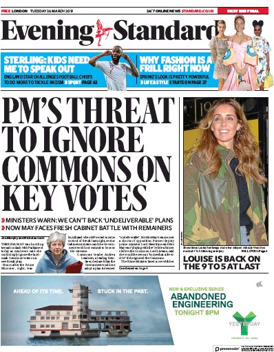 London Evening Standard Newspaper Front Page (UK) for 27 March 2019