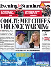 London Evening Standard (UK) Newspaper Front Page for 27 June 2020