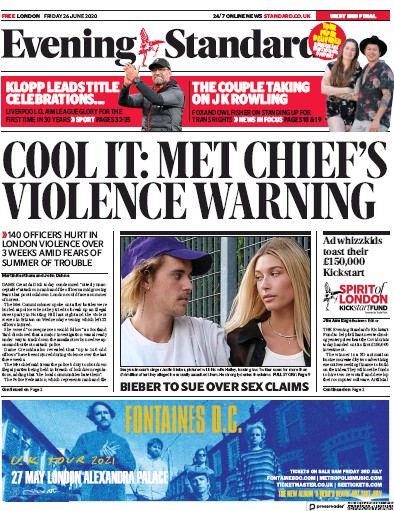 London Evening Standard Newspaper Front Page (UK) for 27 June 2020