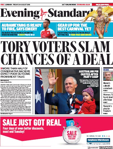 London Evening Standard Newspaper Front Page (UK) for 27 August 2018