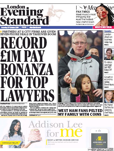 London Evening Standard Newspaper Front Page (UK) for 28 October 2016