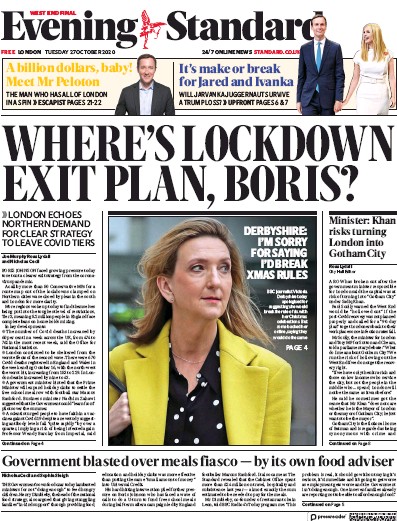 London Evening Standard Newspaper Front Page (UK) for 28 October 2020