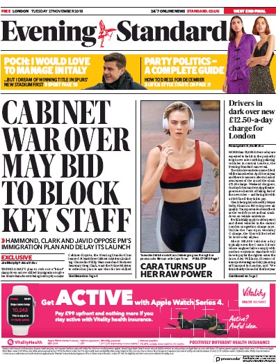 London Evening Standard Newspaper Front Page (UK) for 28 November 2018