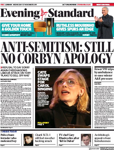 London Evening Standard Newspaper Front Page (UK) for 28 November 2019