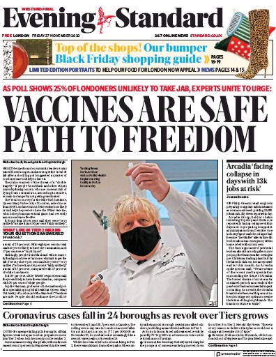 London Evening Standard Newspaper Front Page (UK) for 28 November 2020