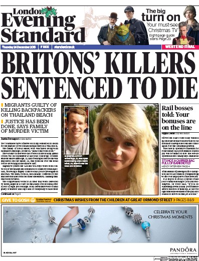 London Evening Standard Newspaper Front Page (UK) for 28 December 2015