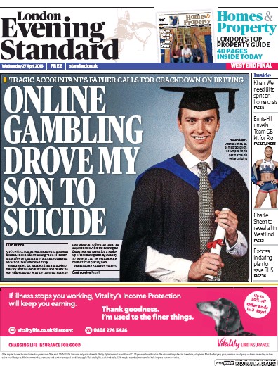 London Evening Standard Newspaper Front Page (UK) for 28 April 2016