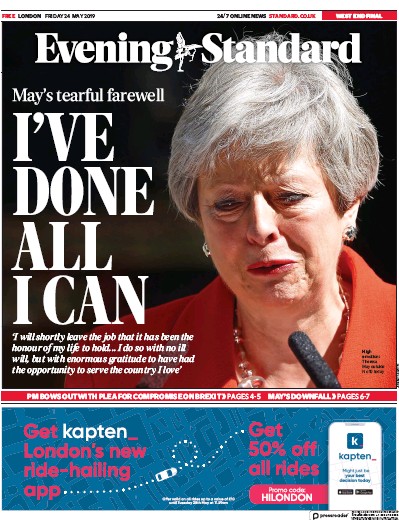 London Evening Standard Newspaper Front Page (UK) for 28 May 2019