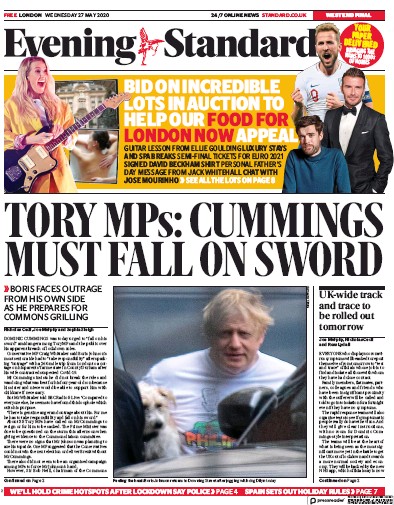 London Evening Standard Newspaper Front Page (UK) for 28 May 2020