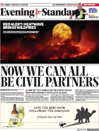 London Evening Standard Newspaper Front Page (UK) for 28 June 2018