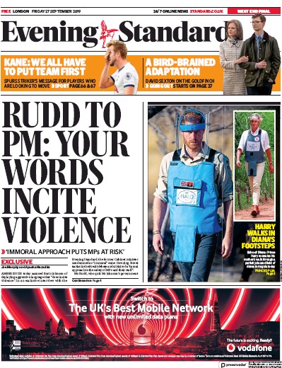 London Evening Standard Newspaper Front Page (UK) for 28 September 2019