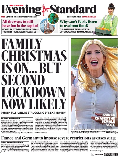 London Evening Standard Newspaper Front Page (UK) for 29 October 2020