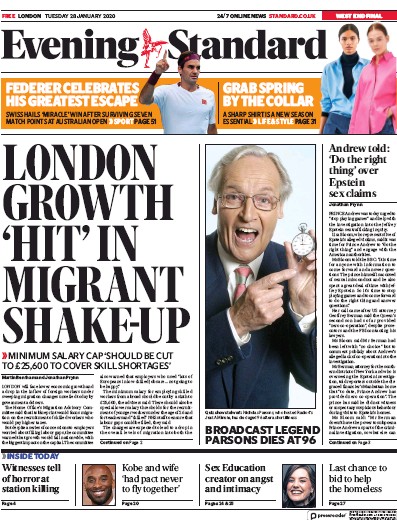 London Evening Standard Newspaper Front Page (UK) for 29 January 2020