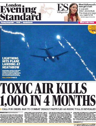 London Evening Standard Newspaper Front Page (UK) for 29 April 2016