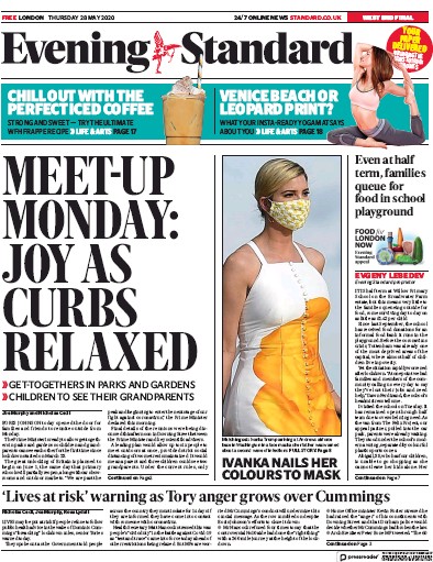 London Evening Standard Newspaper Front Page (UK) for 29 May 2020