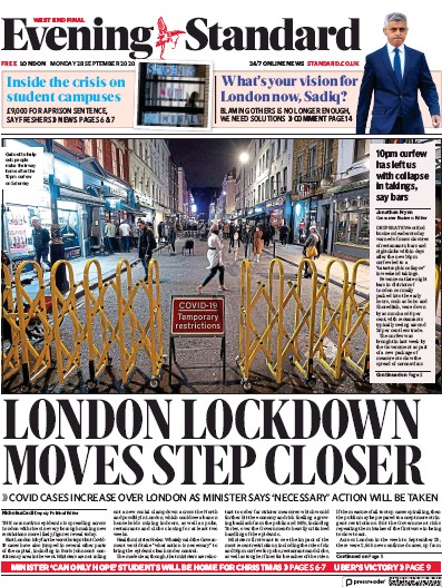 London Evening Standard Newspaper Front Page (UK) for 29 September 2020