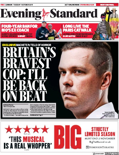 London Evening Standard Newspaper Front Page (UK) for 2 October 2019