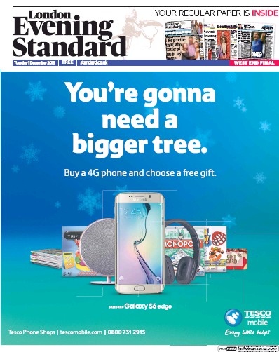 London Evening Standard Newspaper Front Page (UK) for 2 December 2015