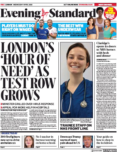 London Evening Standard Newspaper Front Page (UK) for 2 April 2020