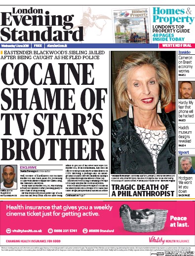 London Evening Standard Newspaper Front Page (UK) for 2 June 2016