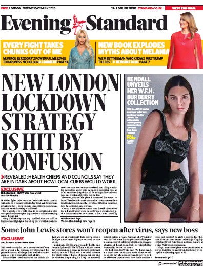 London Evening Standard Newspaper Front Page (UK) for 2 July 2020