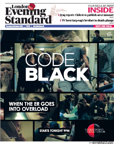 London Evening Standard Newspaper Front Page (UK) for 30 October 2015