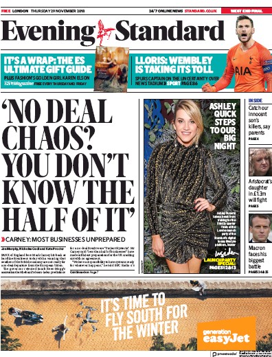 London Evening Standard Newspaper Front Page (UK) for 30 November 2018