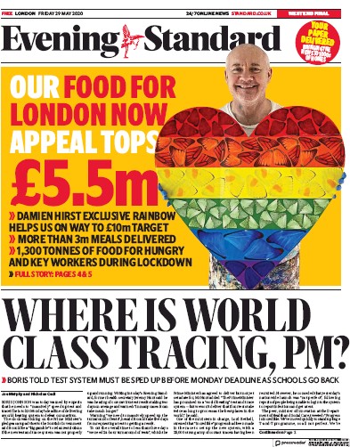 London Evening Standard Newspaper Front Page (UK) for 30 May 2020